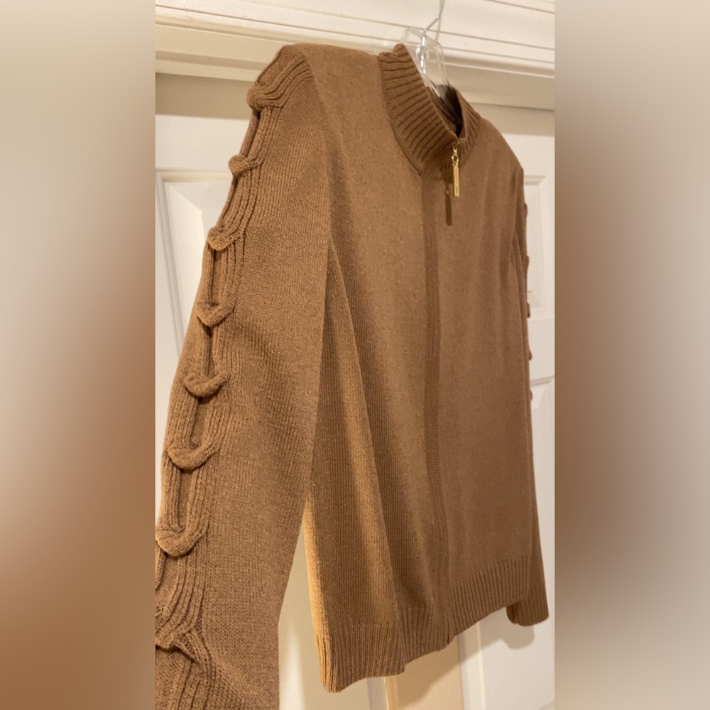 ST. JOHN SPORT Light Brown Zip Up Knit Sweater